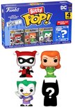 Funko Bitty POP! 4-pack met Harley Quinn, Poison Ivy, The Joker en een mysteriefiguur met Batman-logo.