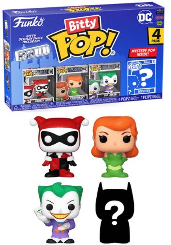 Funko Bitty POP! 4-pack met Harley Quinn, Poison Ivy, The Joker en een mysteriefiguur met Batman-logo.