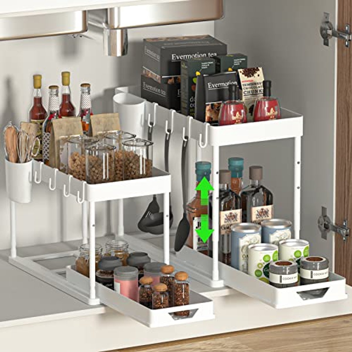 Onderbouw Rack Organizer met 2 Verdieningen en Haakjes voor Keuken en Badkamer