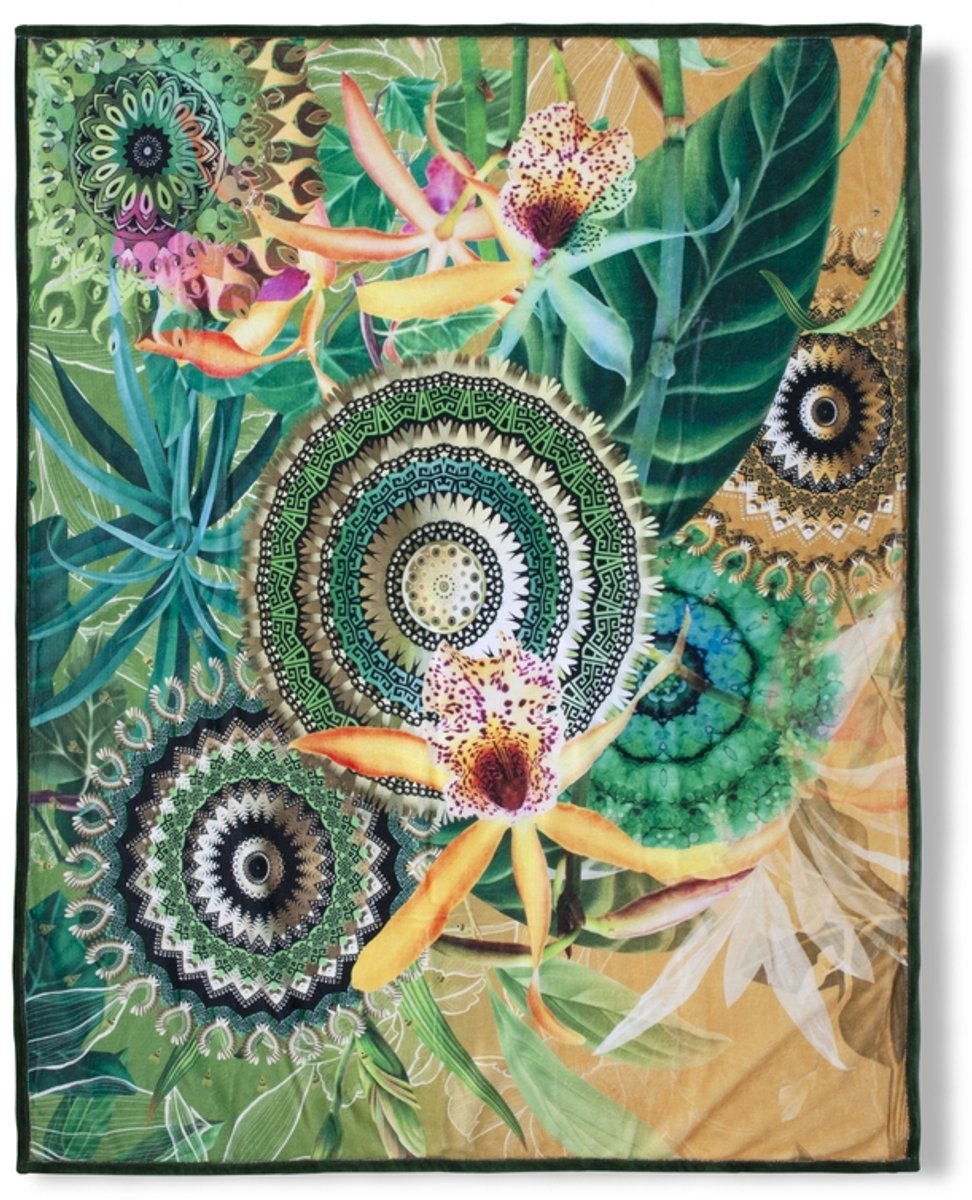 Luxe Plaid 130x160 cm - Mandala en Tropische Bloemen Print - Groen/Multicolor - Polyester - Voor 1 Persoon