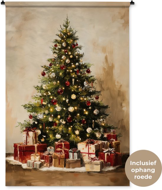 Tenture avec sapin de Noël illuminé et cadeaux sur fond beige. Texte : Tringle de suspension incluse.