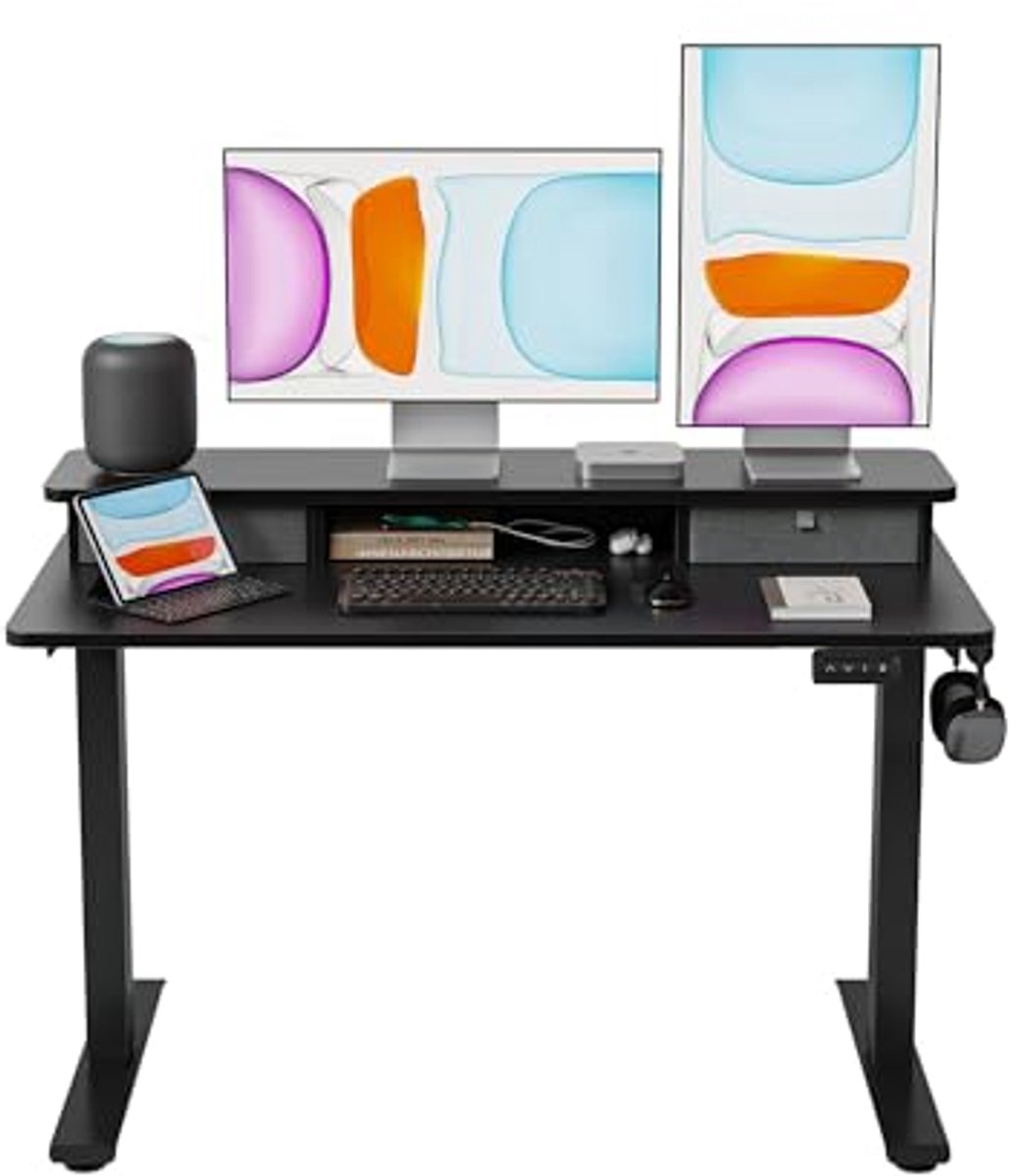 In hoogte verstelbare elektrische statafel met dubbele lade - 120 x 60 cm, zwart