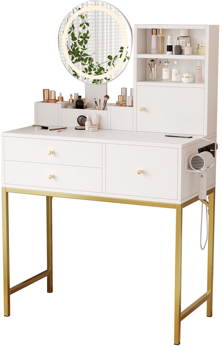 Merax Kaptafel met LED-Verlichting - Inclusief Spiegel - 3 Lades en Kastje - Ingebouwde Stopcontacten met USB & Type-C - Wit & Goud - 80×40×134 cm