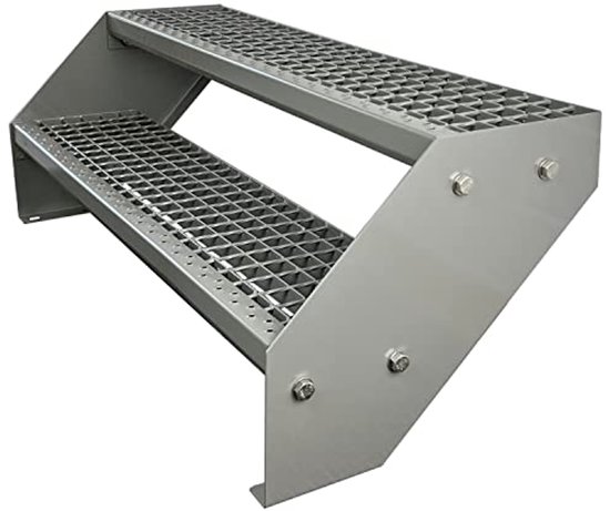 Grating stalen Stringer Trap 2 Treden Volledig gegalvaniseerd en Antraciet Gepoedercoate trapbomen - Afmetingen (L x B x H) 44cm x 120cm x 38cm Weerbestendig en corrosiebestendig