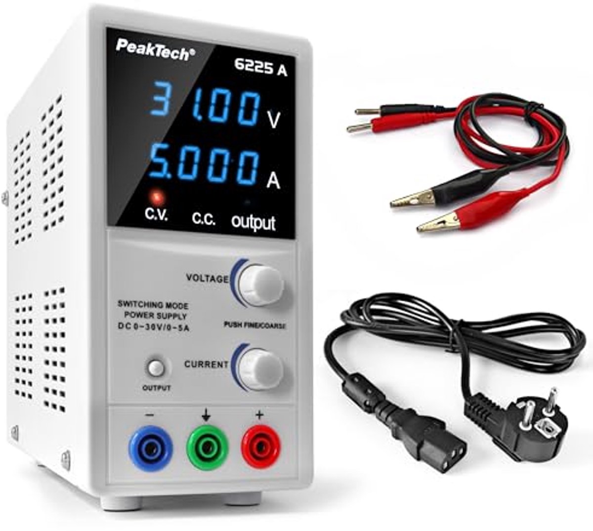 Regelbare laboratoriumvoeding 0-30V / 0-5A met LED-indicator en kortsluitbeveiliging