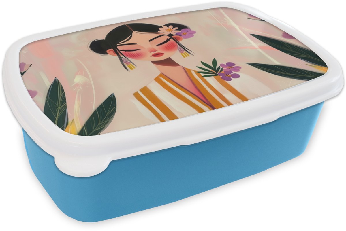 Broodtrommel Blauw - Lunchbox Vrouw - Bloemen - Pastel - Brooddoos 18x12x6 cm - Brood lunch box - Broodtrommels voor kinderen en volwassenen