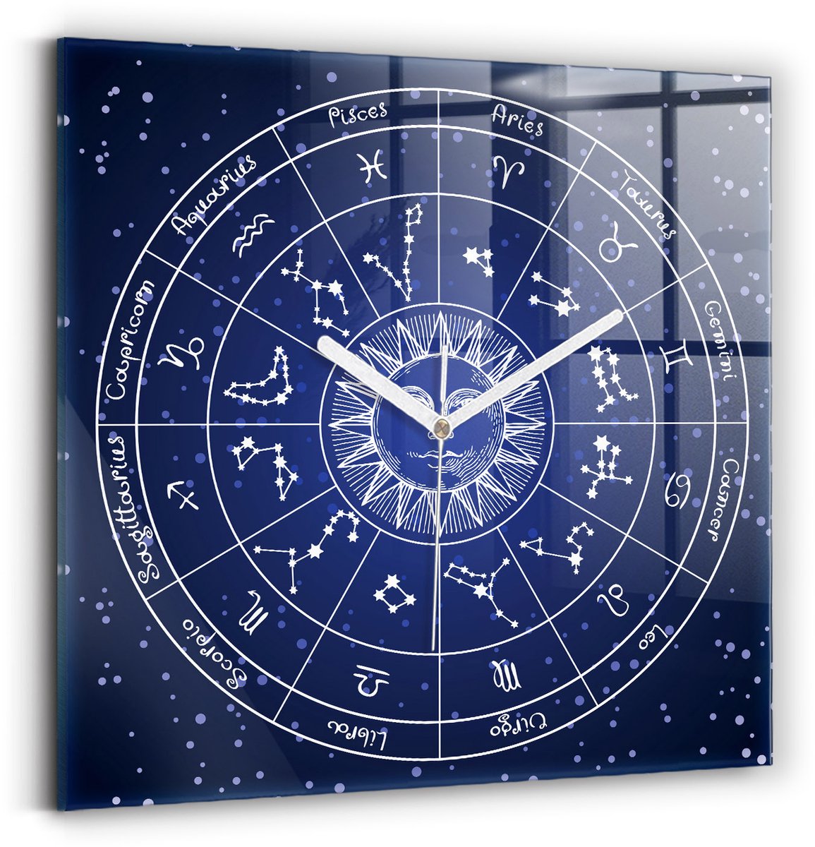 Wallfluent Wandklok - Dierenriemconstellaties Decoratieve Wandklok - 30 cm x 30 cm - Blauw Wandklok - Witte Handen - Wandklok zonder cijfers - Wandklok Glas Woonkamer - Klok met Print - Kunstzinnige Klok - Klok met Print