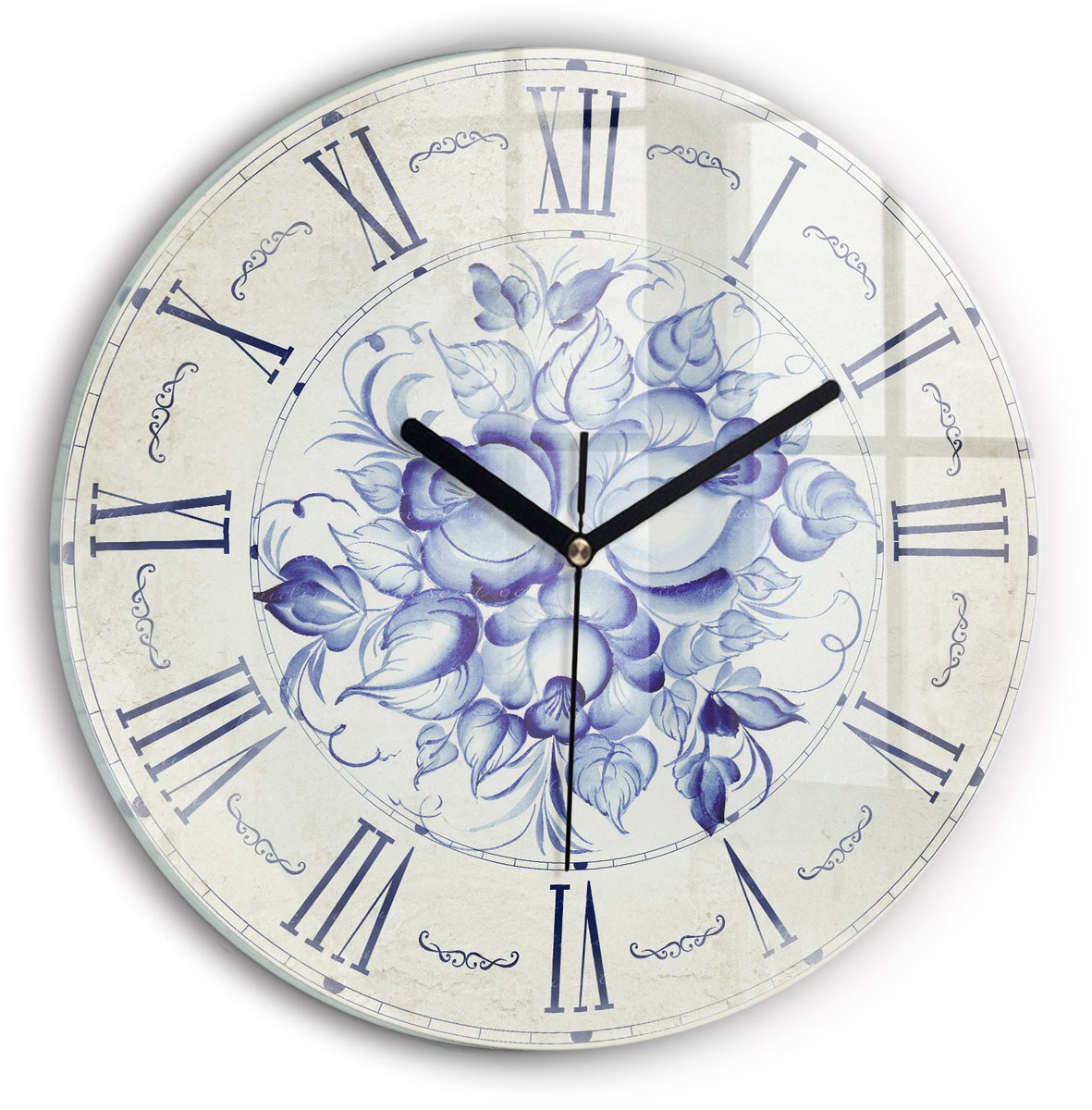 Wallfluent Wandklok - Blauwe bloemen Stijlvolle Klok - 30 cm x 30 cm - Grijs Wandklok - Zwarte Handen - Klok zonder getallen - Wandklok voor in de Keuken - Klok als Muurdecoratie - Modieuze Klok - Klok met Afbeelding