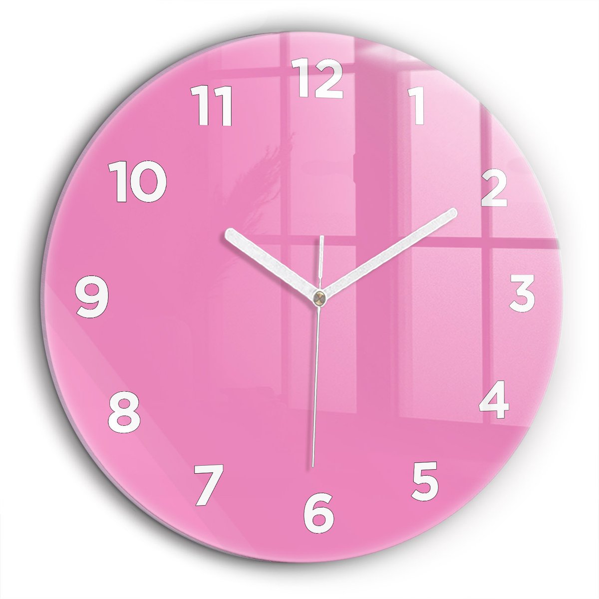 Wallfluent Wandklok - Roze Ronde Glazen Klok - 60 cm x 60 cm - Roze Wandklok - Witte Handen - Wandklok Met Cijfers - Wandklok voor in de Keuken - Ronde Glazen Wandklok - Industrieel Wandklok - Ronde Glas Klok