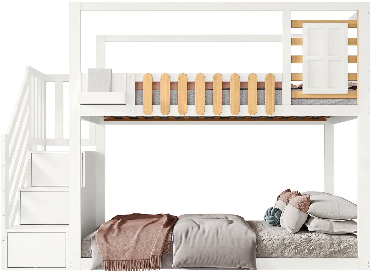 Merax Stapelbed 90x200 cm - Kinderbed met Trap - Opbergladen - Vensterontwerp - Massief Houten Frame met Valbeveiliging - Wit