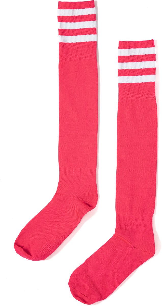 KIMU® Sokken Neon Roze Witte Strepen - Maat 36-41 - Dames Heren Unisex - Fluor Uv Kniekousen Voetbalsokken Sport Kniesokken Skisokken Kousen Festival