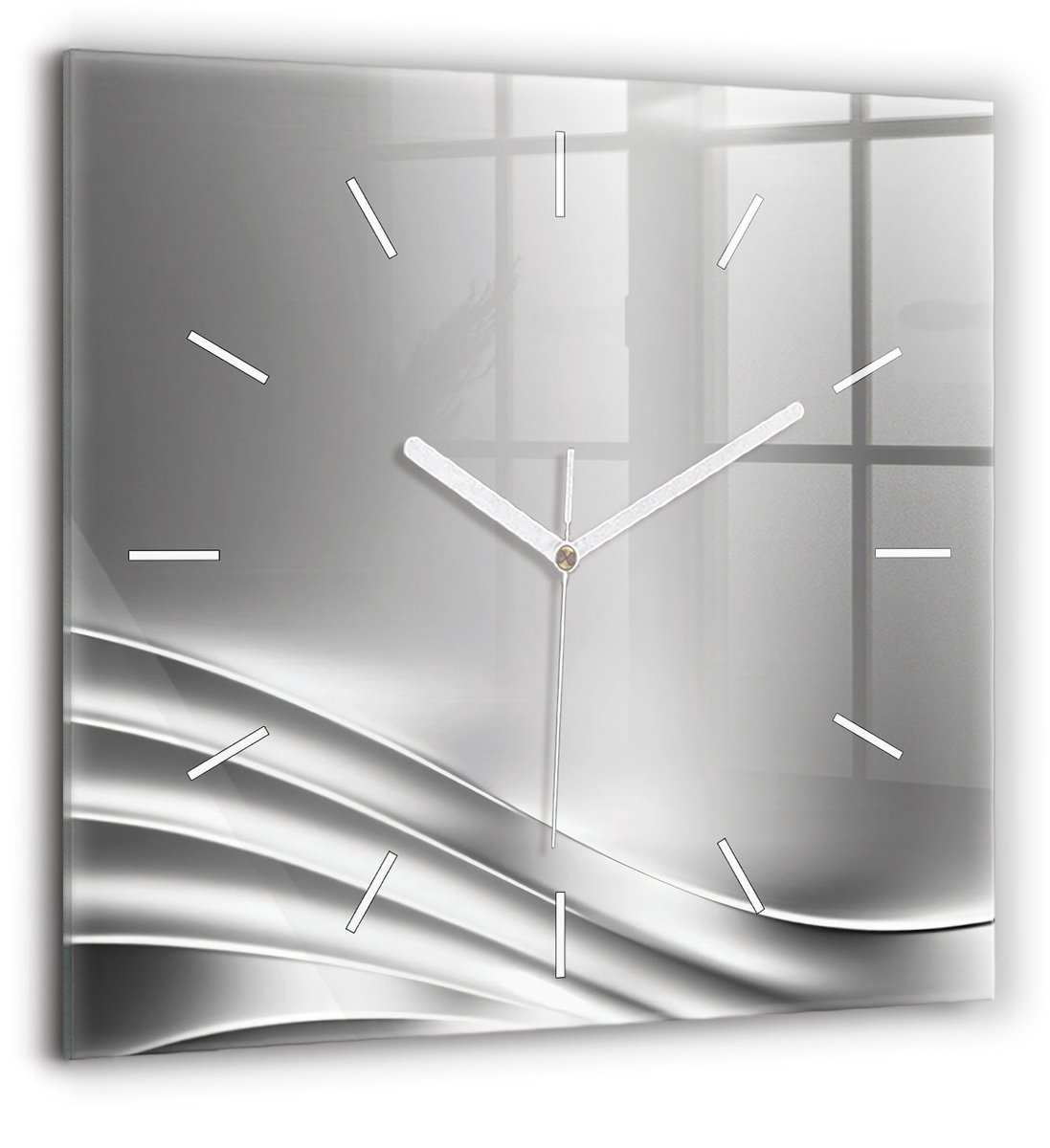 Wallfluent Wandklok - Zilveren abstractie Klok met Print - 60 cm x 60 cm - Zilver Wandklok - Witte Handen - Wandklok Zonder Cijfers - Wandklok Glas Woonkamer - Vierkante Glazen Klok - Minimalistisch Wandklok - Klok met Afbeelding