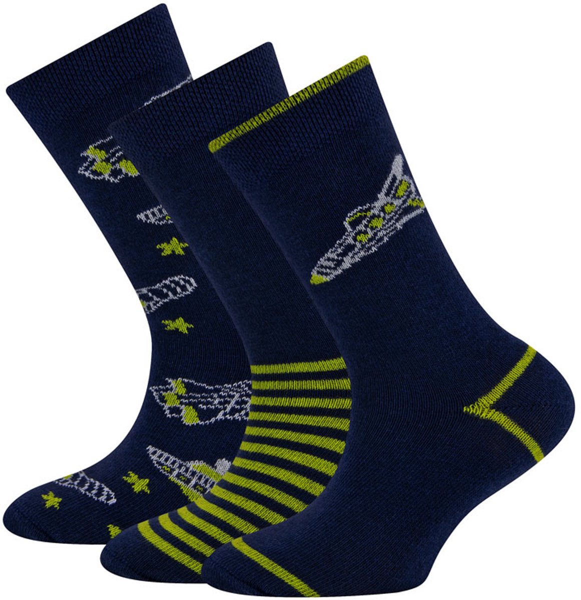 Sokken Ewers Kindermaat - 3-PACK - Donkerblauw met Ruimteschepen & Sterren & Streepjes Groen-31/34