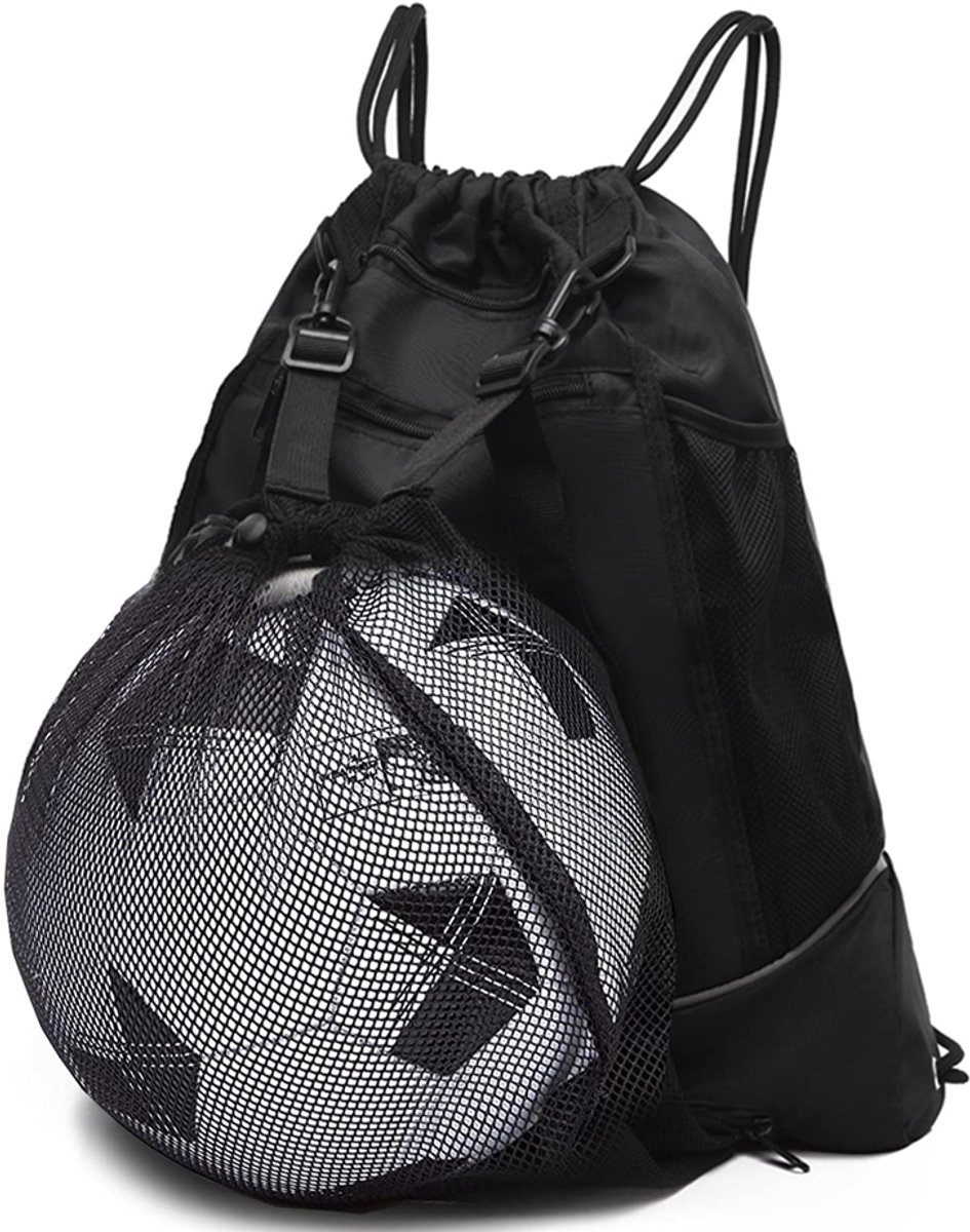 Zwarte voetbalrugzak van Oxford-stof met mesh tas, geschikt voor jongeren, met een voetbal erin. Afmetingen 47x41x7 cm.