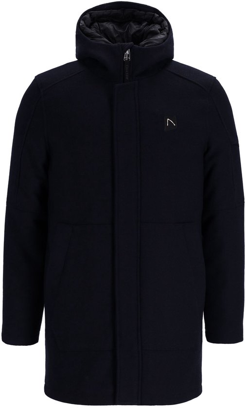 Donkerblauwe wollen parka met capuchon en logo op de borst.