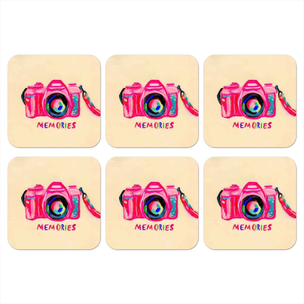 Onderzetters voor glazen - Camera - Memories - Roze - Geschilderd - 10x10 cm - Glasonderzetters - 6 stuks