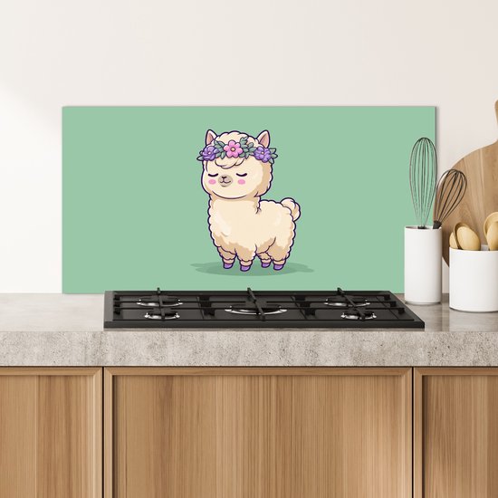 Spatscherm keuken 80x40 cm - Kookplaat achterwand Alpaca - Groen - Bloemendiadeem - Muurbeschermer - Spatwand fornuis - Hoogwaardig aluminium
