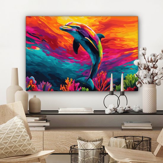 Tableau sur toile 60x40 cm - Décoration murale Dauphin - Coloré - Océan - Corail - Décoration murale salon - Décoration chambre - Accessoires chambre - Peintures sur toile