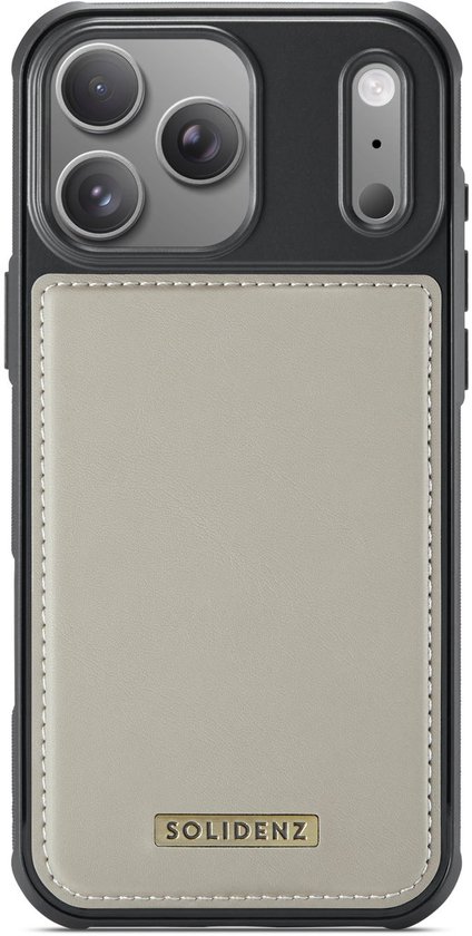 Lichtgrijze lederen telefoonhoes met magnetisch hoesje. Het Solidenz-logo is onderaan zichtbaar.