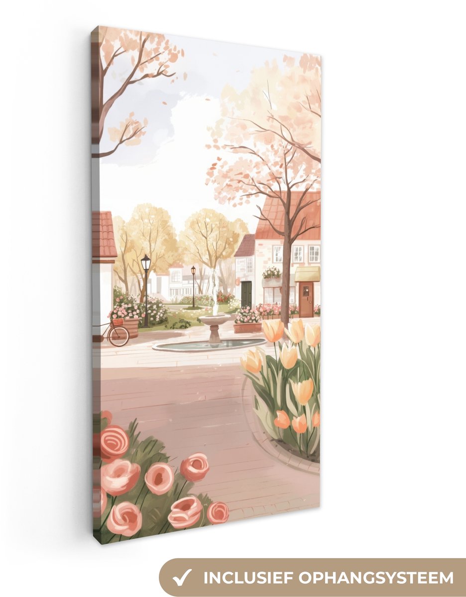 Canvas schilderij 80x160 cm - Exclusieve wanddecoratie Dorpsplein - Fontein - Tulpen - Muu