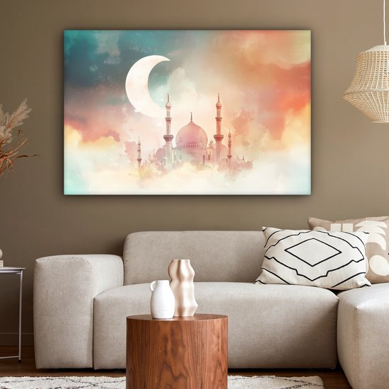Peinture sur toile 120x80 cm - Décoration murale Mosquée - Nuages ​​colorés - Arabe - Ramadan - Islamique - Décoration murale salon - Décoration chambre - Accessoires chambre - Peintures sur toile