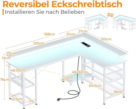 Gamingbureau met LED-verlichting, omkeerbaar en groot hoekbureau met extra stopcontacten en USB-poorten van Merkloos — afbeelding 3