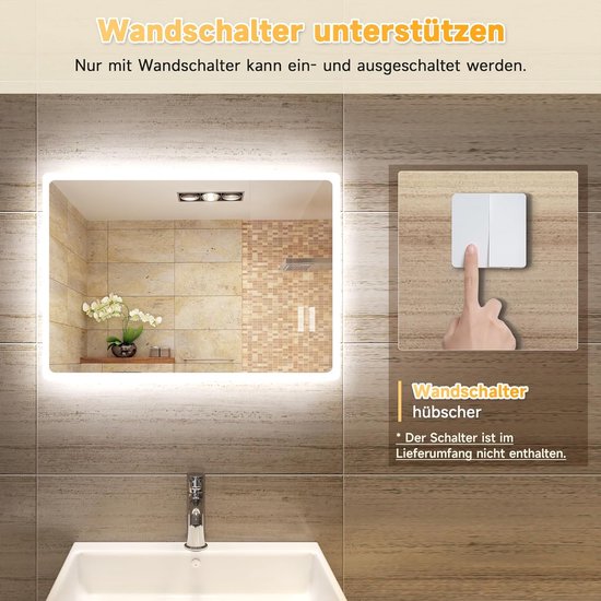 SONNI badkamerspiegel met verlichting 60 x 50 cm, LED badkamerspiegel koudwit, wandspiegel met licht wandschakelaar IP44