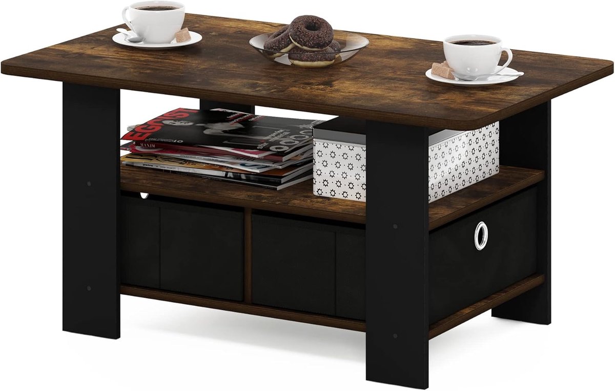 Compacte Salontafel met Opbergbak in Amber Grenen en Zwart