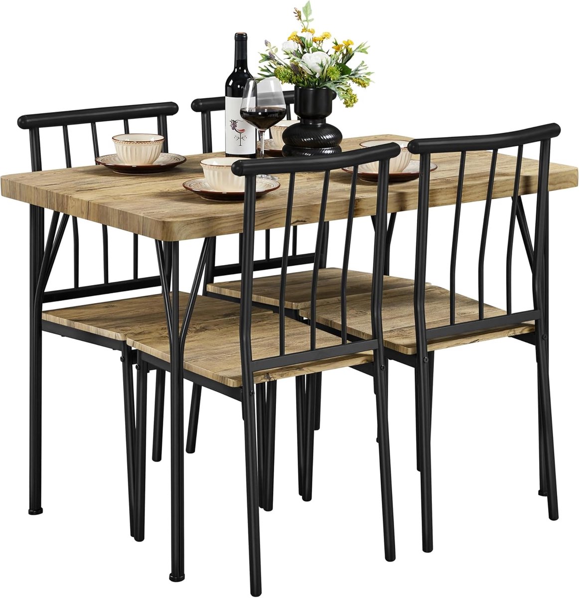 Eettafel met 4 Stoelen | Rechthoekige Keukentafelset voor 4 Personen