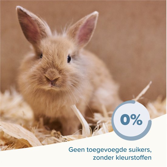 Een klein bruin konijn zit in houtvezels. Een cirkel met '0%' geeft aan 'geen toegevoegde suikers, zonder kleurstoffen'.