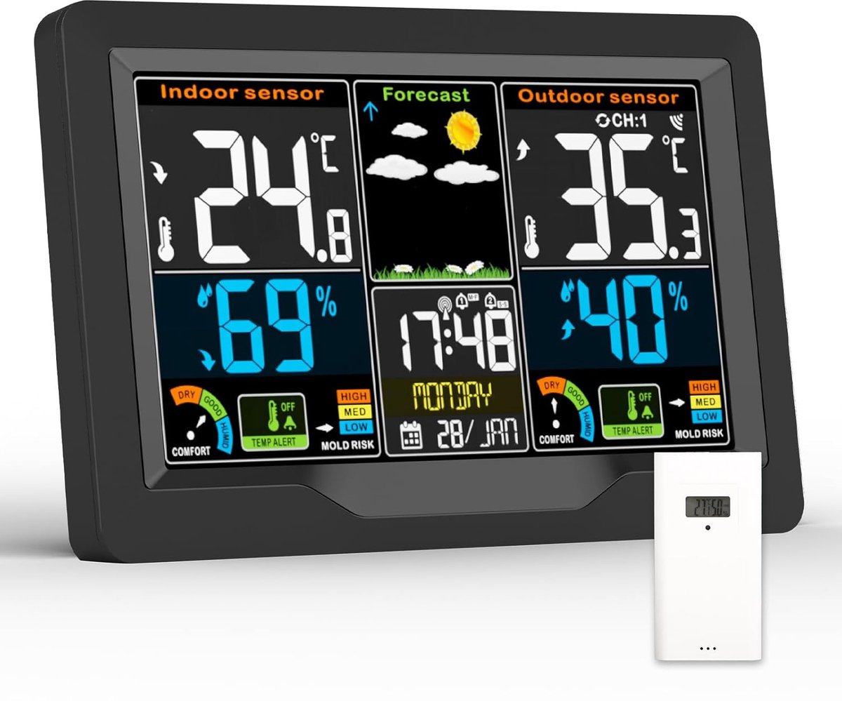 Draadloos Weerstation met Buitensensor en Hygrometer - Multifunctioneel Weerstation voor Binnen en Buiten