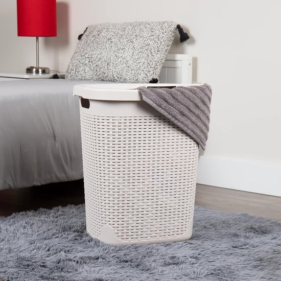 Set van 2: 50L Wasmand met Deksel - 30x30x60 Wasverzamelaar met Houten Frame - Wasbox Opvouwbaar