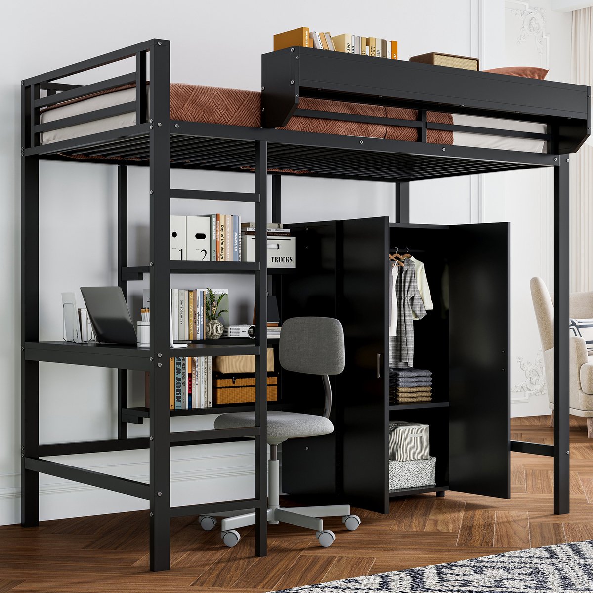 HAUSS SPOLE Stapelbedden voor kinderen - 90x200 - Kinderbed Metaal met Tafel en Kast - 5-traps Ladder - Zwart