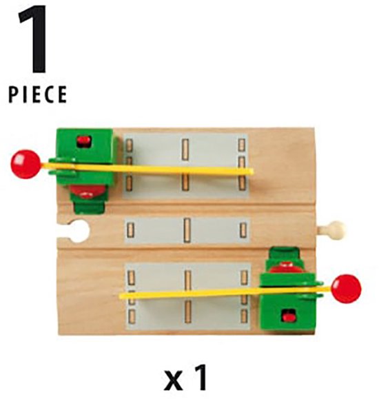 Onderdelen van de BRIO Magnetic Action Crossing: twee groene blokjes met gele slagboom en rode knoppen.