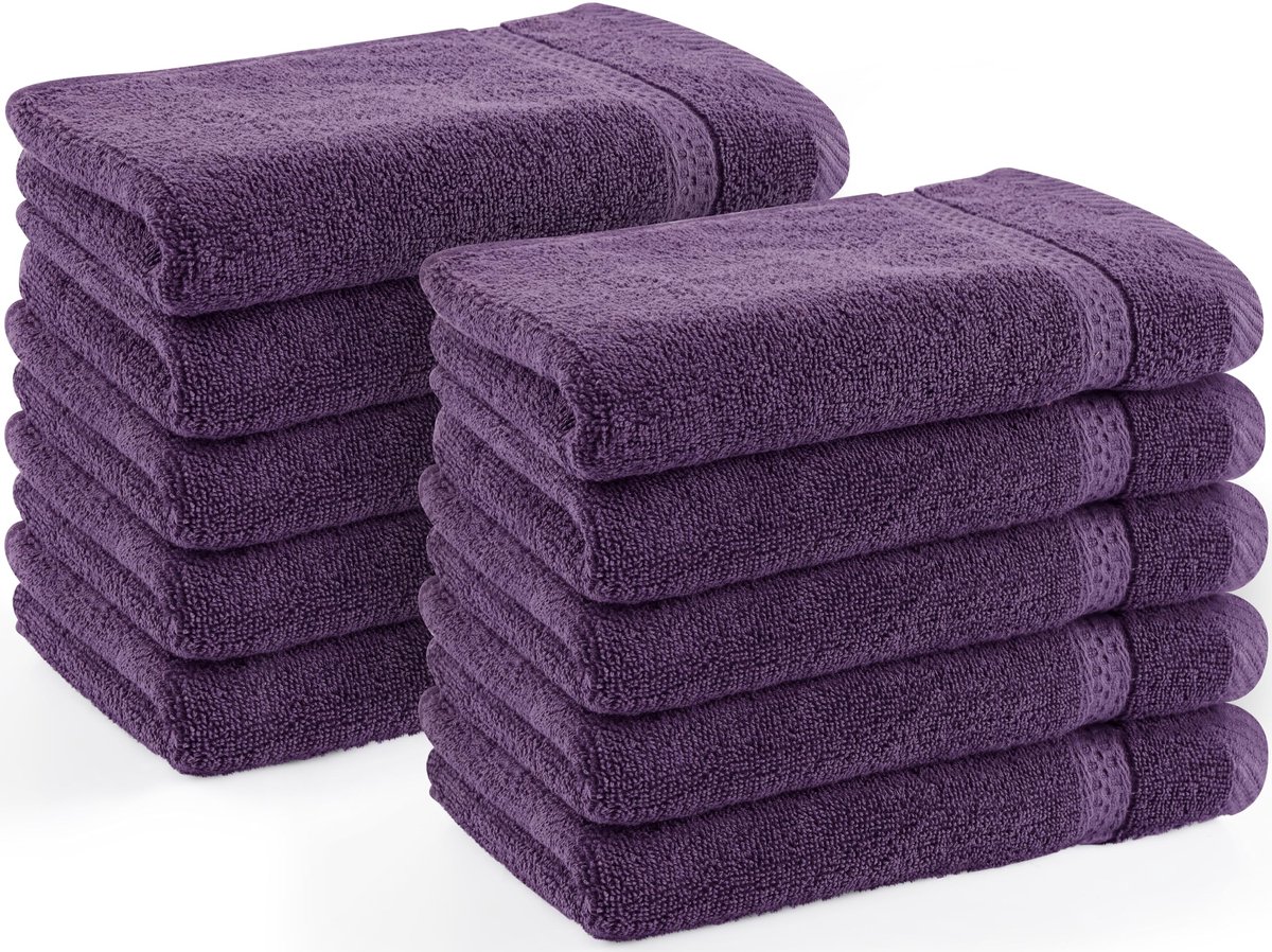 Azomor® Set van 10 Zachte Katoenen Gastendoekjes met Ophanglus in Pruimkleur