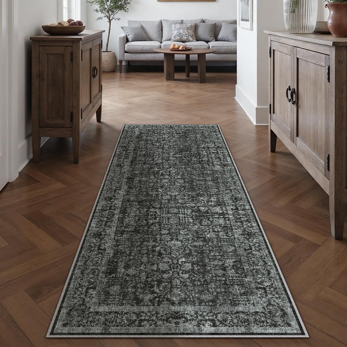 Loper - Vintage - Wasbaar - Voor in de hal - Gitzwart - 60x180 cm