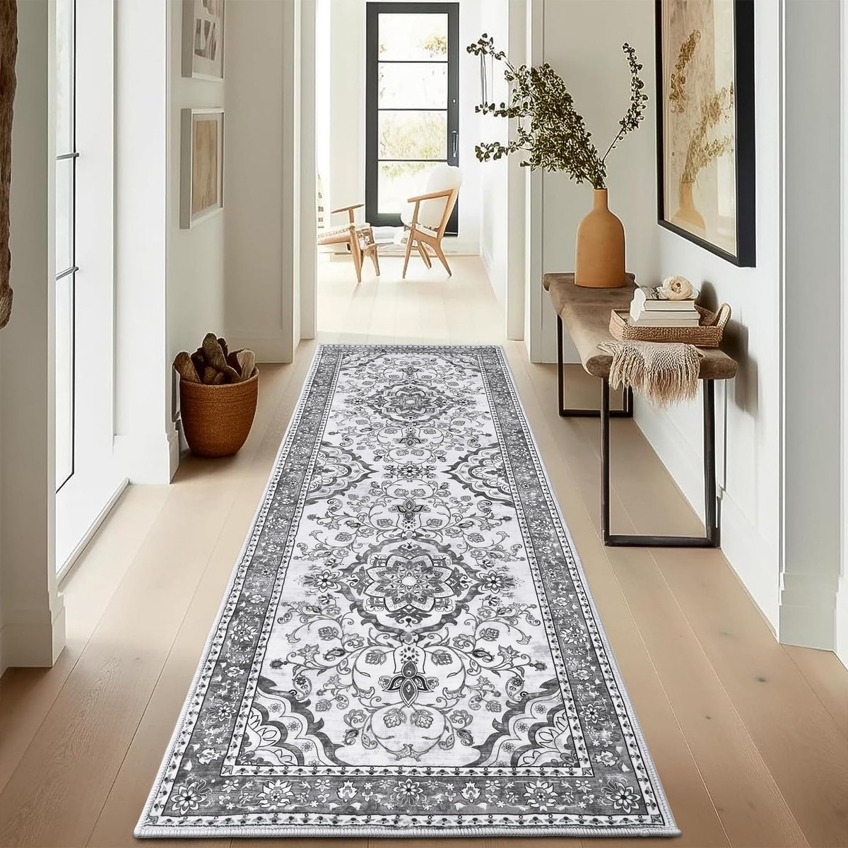 Tapijtloper - Antislip Wasbaar Zacht - Voor hal, gang, keuken en kantoor - Retro Grijs 80 x 200 cm