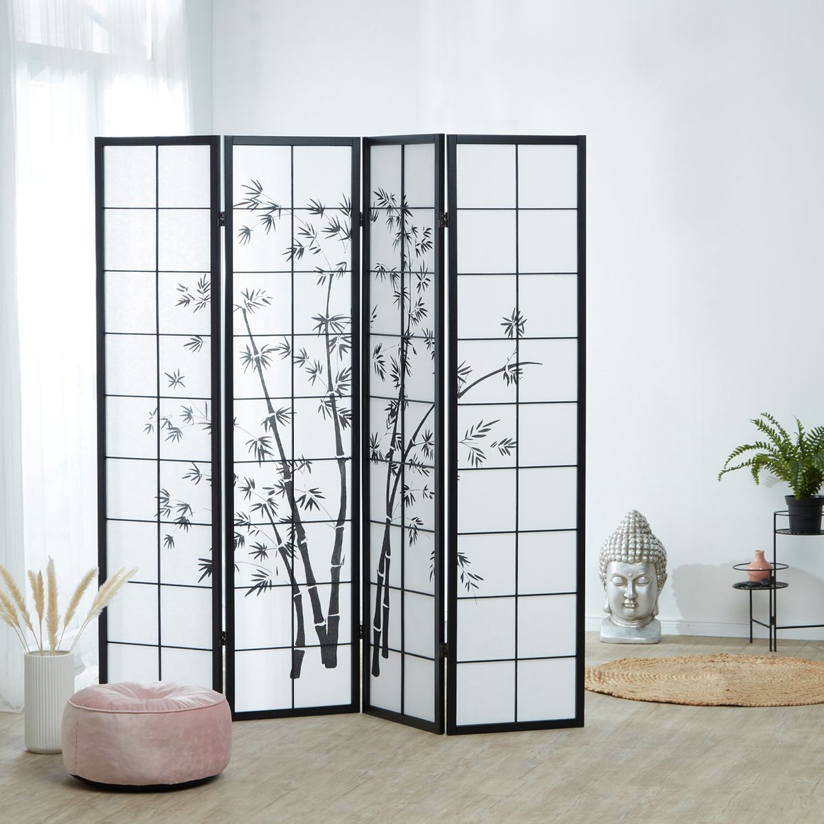 Homestyle4u Kamerscherm - 176x179 cm - zwart - 4-delig - bamboepatroon