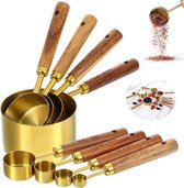 Set de 8 tasses et cuillères à mesurer, manches en bois, taille américaine, tasses à mesurer pour ingrédients secs et liquides en cuisine et pâtisserie, tasses à mesurer en acier inoxydable doré