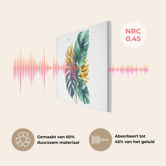 Akoestisch wandpaneel 100x70 cm - Vilt schilderij Bladeren - Monstera - Groen - Goud - Modern - Akoestische panelen - Geluidsdempende wanddecoratie - Geluidsisolatie woonkamer - Muurdecoratie geluidspanelen