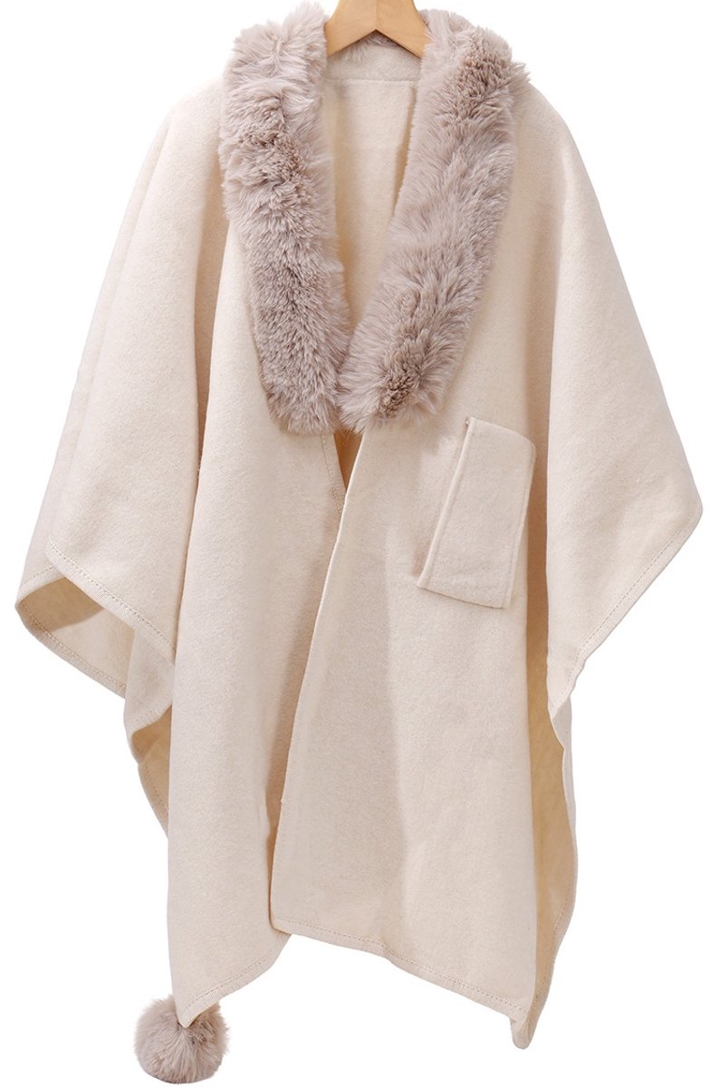 Poncho - luxe - beige - imitatiebont - dames - stijlvol - zacht - warm - modieus