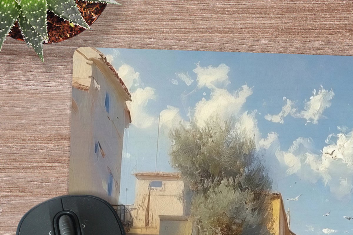 Muismat XXL 90x60 cm - Bureau onderlegger - Bureau mat Zeilschip - Huizen - Kade - Zee - Bureaumat - Gaming mousepad xl - Bureaulegger groot - Computer deskmat