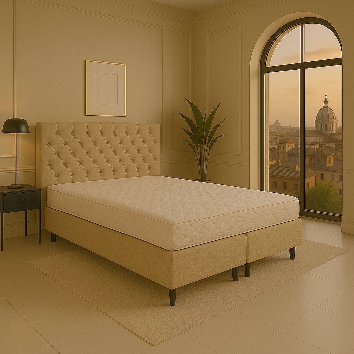 Boxspring vlak Roma 180x200 cm Luxe Pocketvering Stof beige Gratis 2x Hoofdkussens