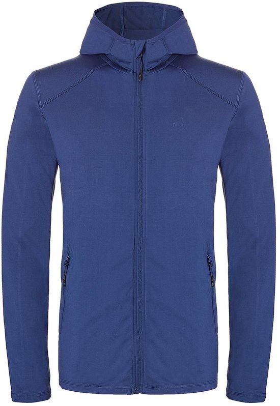 Donkerblauwe hoodie met capuchon en ritssluiting, gedragen door een man.