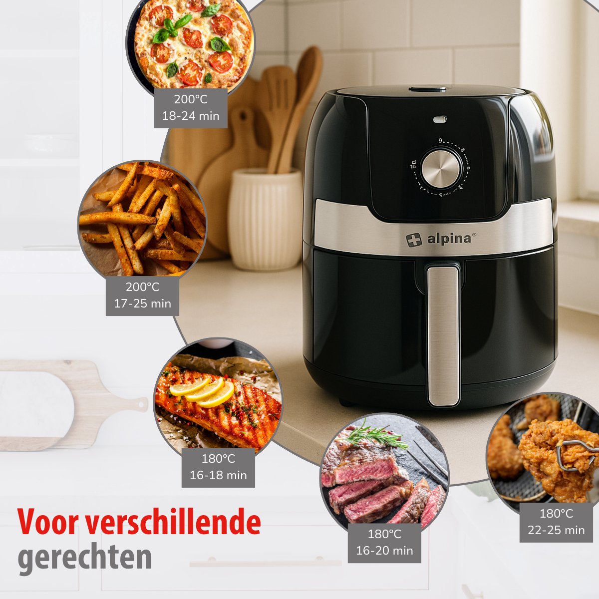 Afbeelding 3 van alpina Airfryer 3.5L - Heteluchtfriteuse 2 tot 3 Personen - Air Fryer met Instelbare Temperatuur van 80 tot 200°C - Hetelucht oven Airfryer Timer tot 60 Minuten - 1400W - Zwart