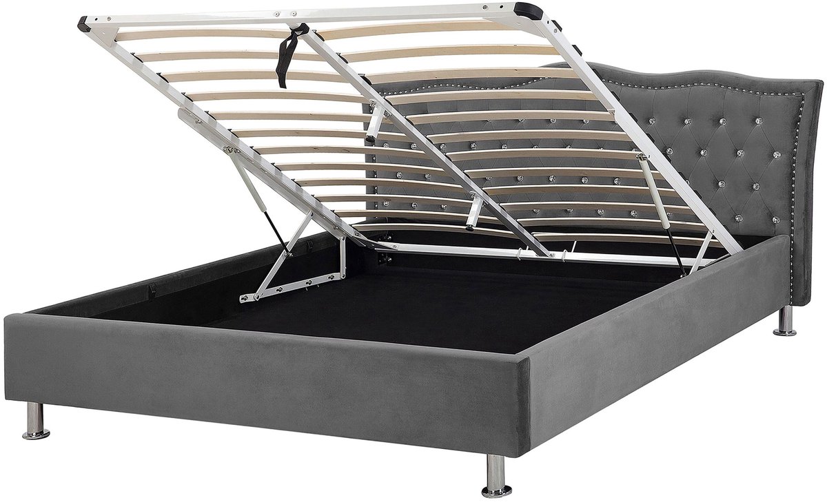 Beliani METZ - Tweepersoonsbed - Donkergrijs - 140 x 200 cm - Fluweel