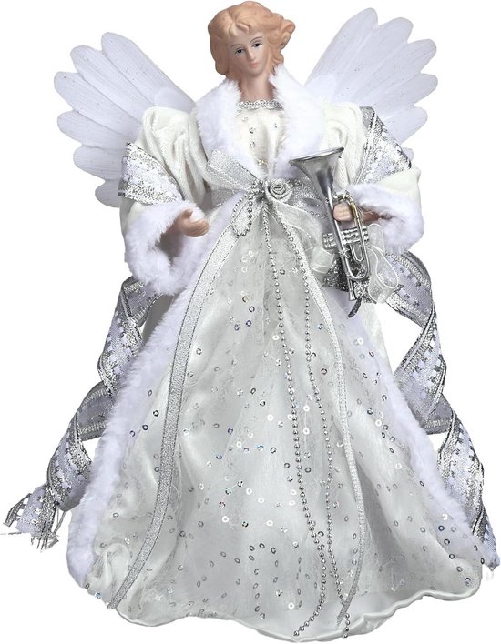 Allecto plus - Décoration de sapin de Noël en forme d'ange, éclairage LED, argent et blanc, 26 cm