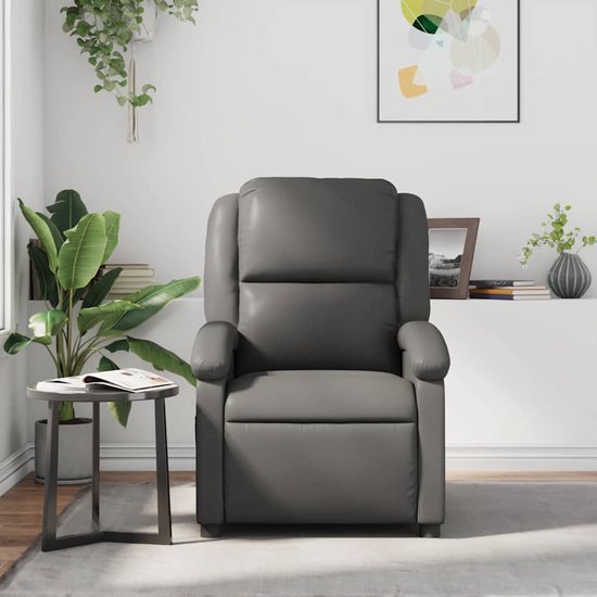 Grijze verstelbare fauteuil in kunstleer, met een zijvakje.