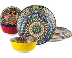 Allecto plus - 12-delig tafelservies van porselein in Bohemian stijl voor 4 personen - Kleurrijk servies met platte borden, dessertborden en slakom