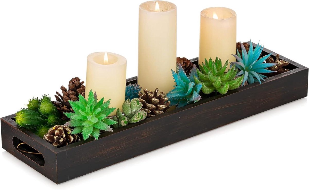 Allecto plus - Rechthoekig Decoratief Dienblad van Rustiek Hout - Serveerstuk met Handgrepen - Kaarsenhouder - Home Decor - Salontafel Accessoire - Woonkamer Decoratie - Zwarte en Bruine Tray - Leng Smal - Badkamer Organizer